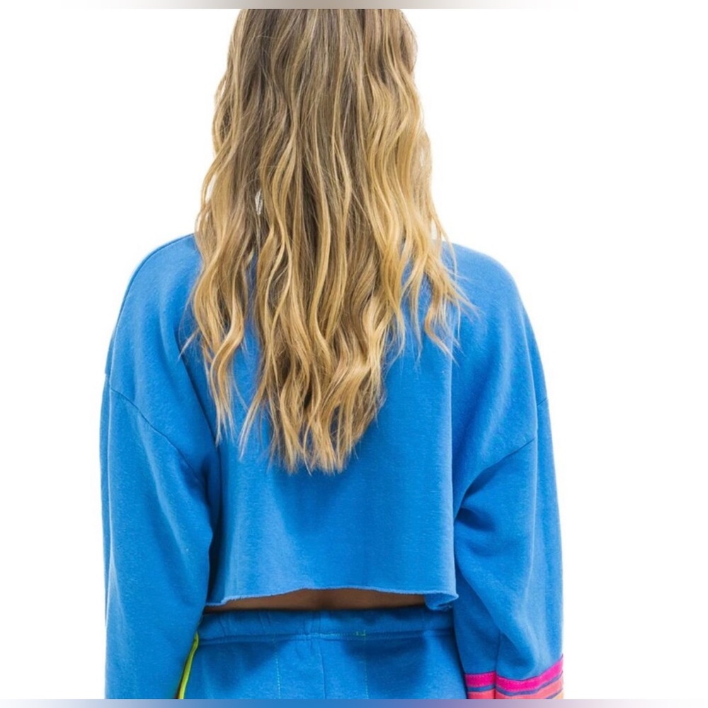 NWT Aviator Nation | RUGBY CROPPED CREW SWEATSHIRT | Cobalt/ Neon | Size S - Picture 3 of 8